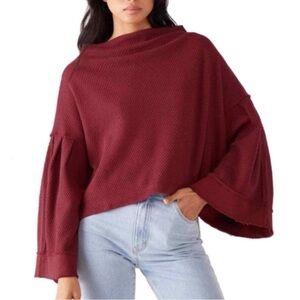 Free People Queen Pomegranate Boatneck Wide Sleeve Waffle Knit Top in Size